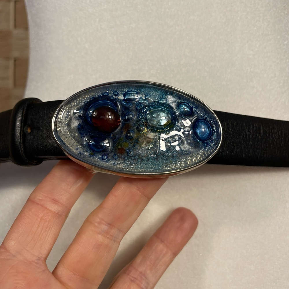 Art Glass Oval Belt and Buckle in Blue and Black Italian Made Murano Glass Sz L